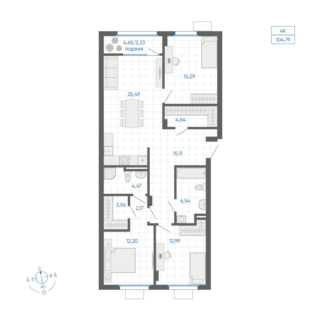 3-комнатная квартира, 104.78 кв.м, квартал «НОВИЛЬ»