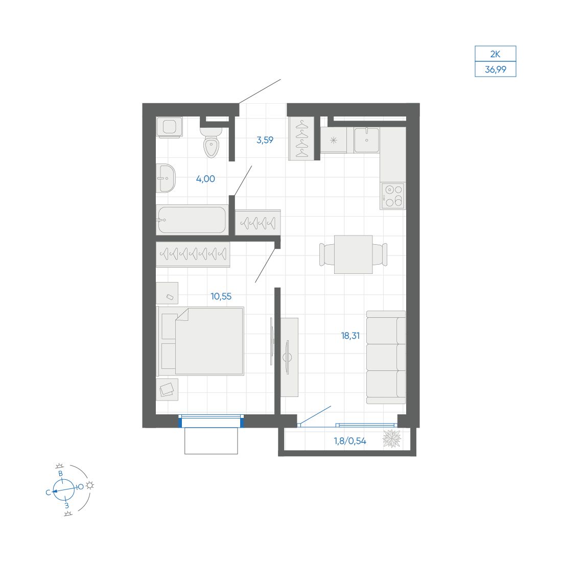1-комнатная квартира, 36.99 кв.м, ЖК Новиль, изображение-2