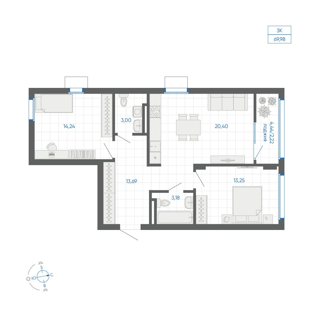 2-комнатная квартира, 69.98 кв.м, ЖК Новиль, изображение-2