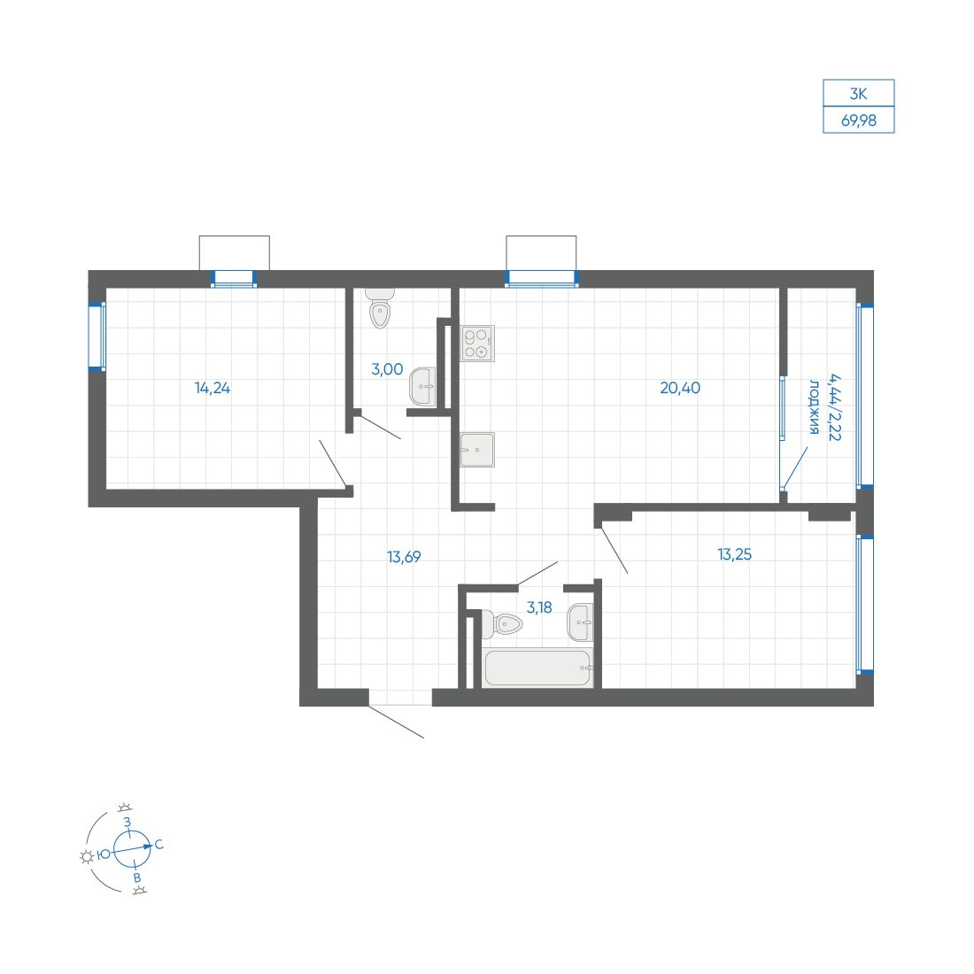2-комнатная квартира, 69.98 кв.м, квартал «НОВИЛЬ»