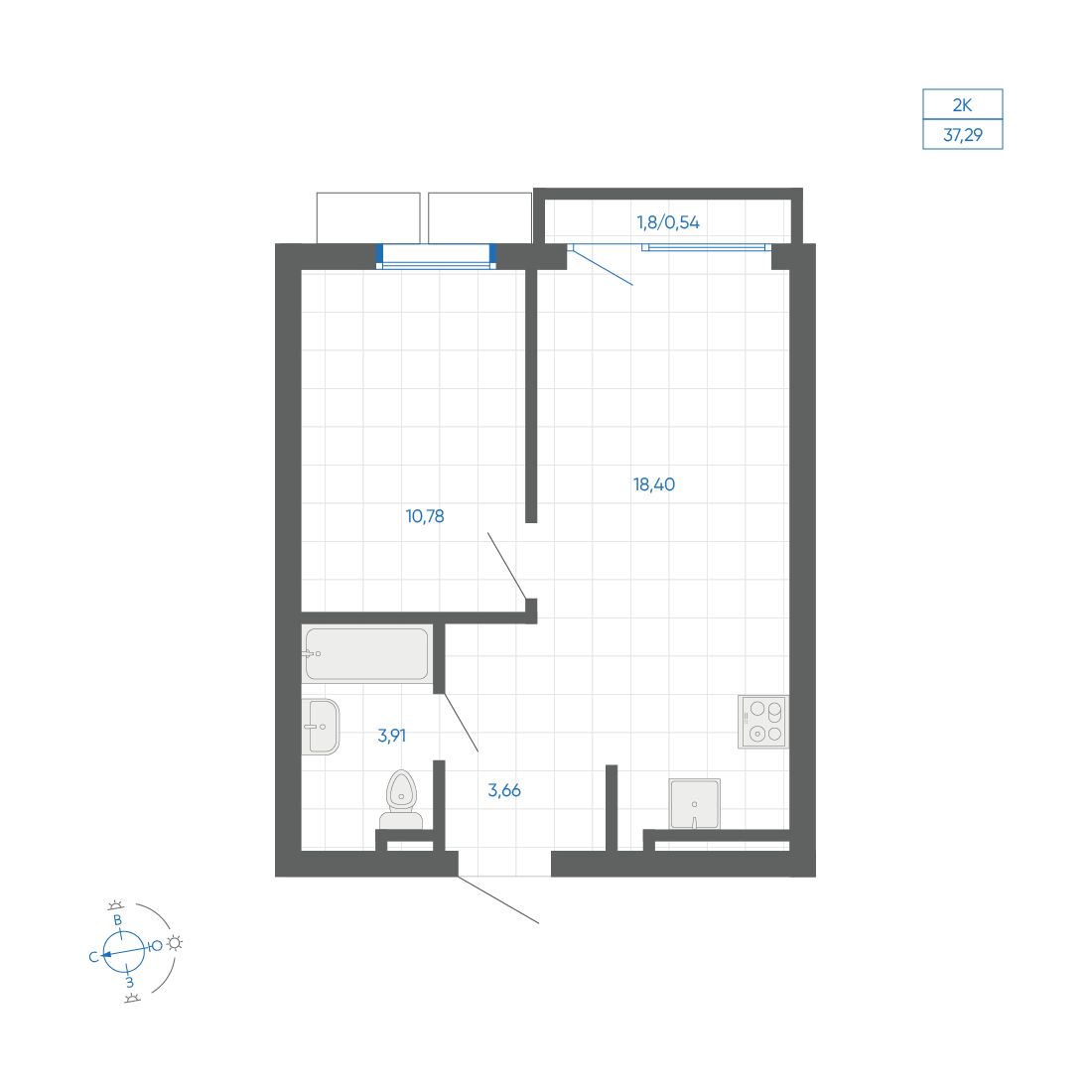 1-комнатная квартира, 37.29 кв.м, ЖК Новиль