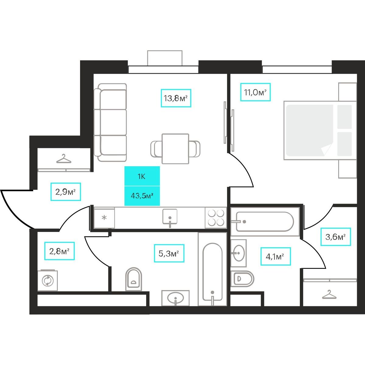 Планировка 1-комн. 13
