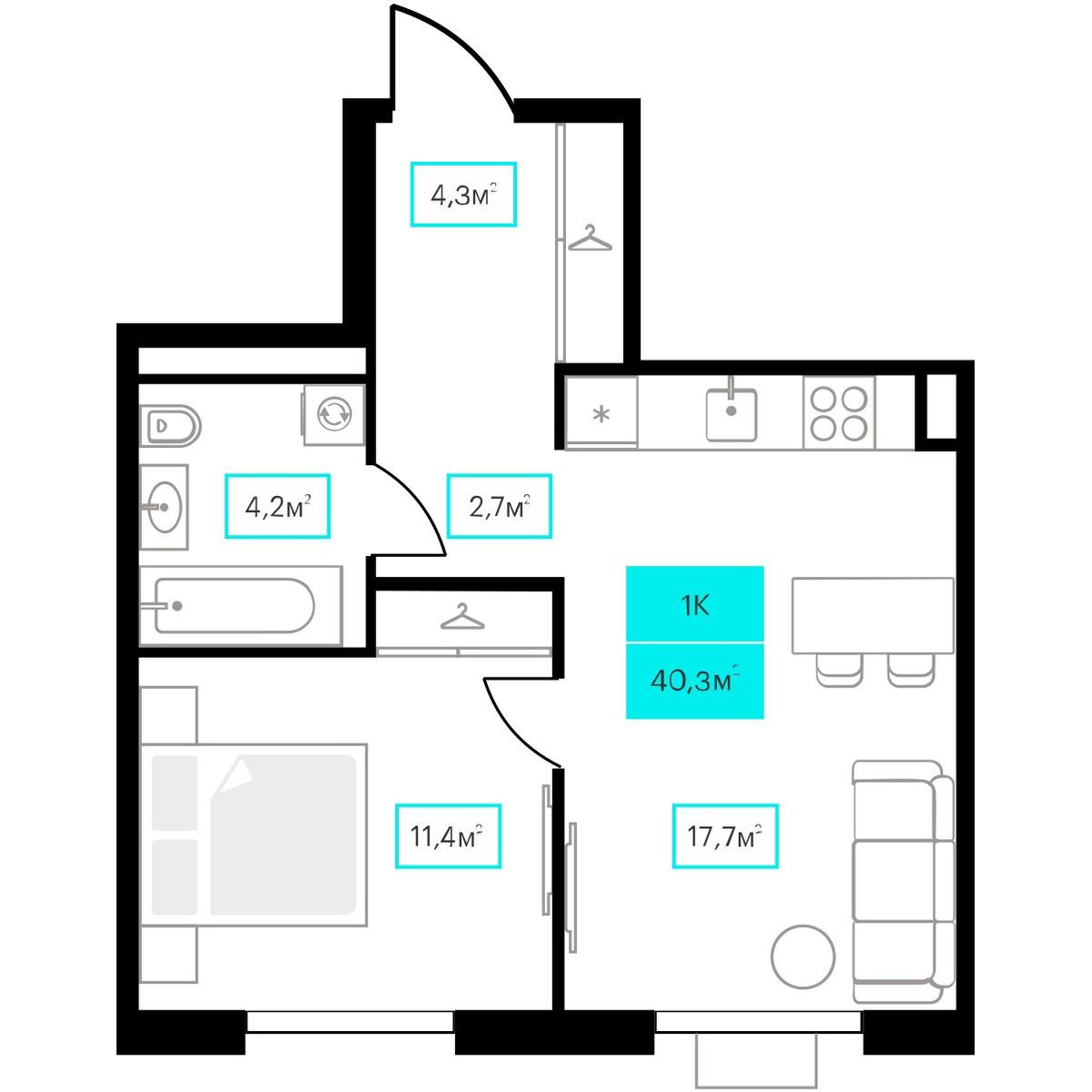 Планировка 1-комн. 13