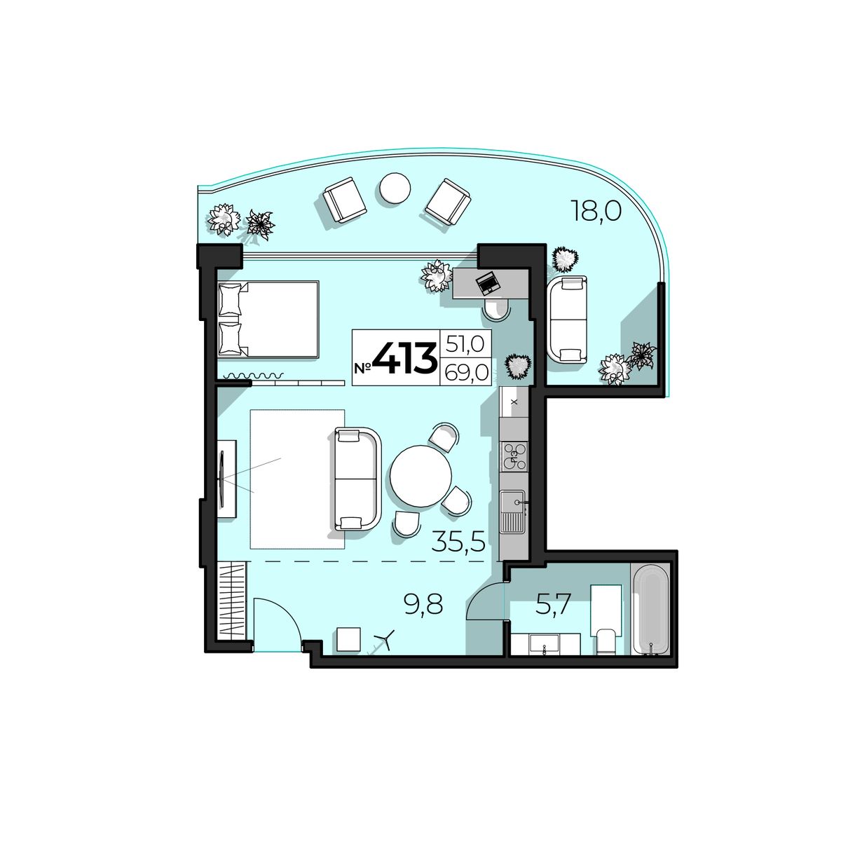 2-к, 69 м² · SkyPlaza