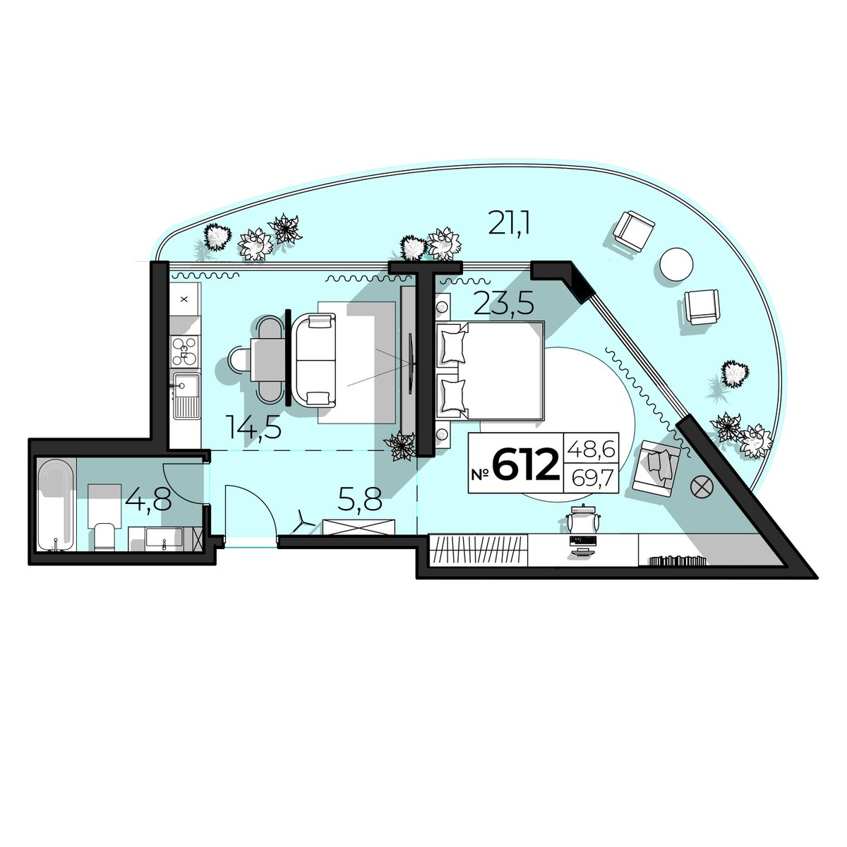 2-к, 69.7 м² · SkyPlaza