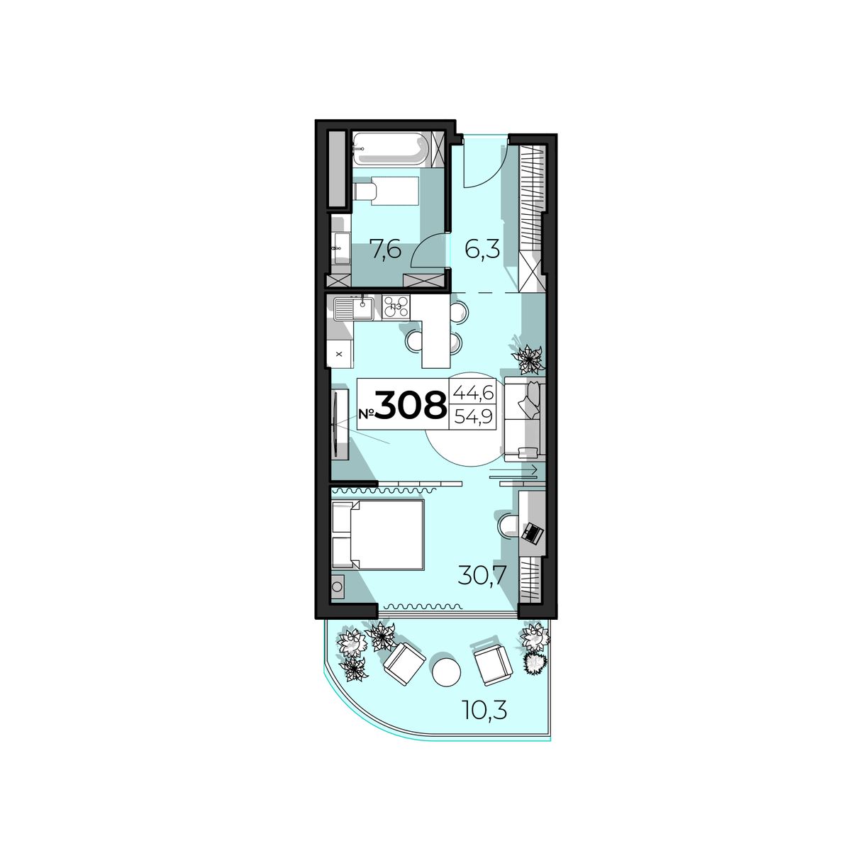 2-к, 54.9 м² · SkyPlaza