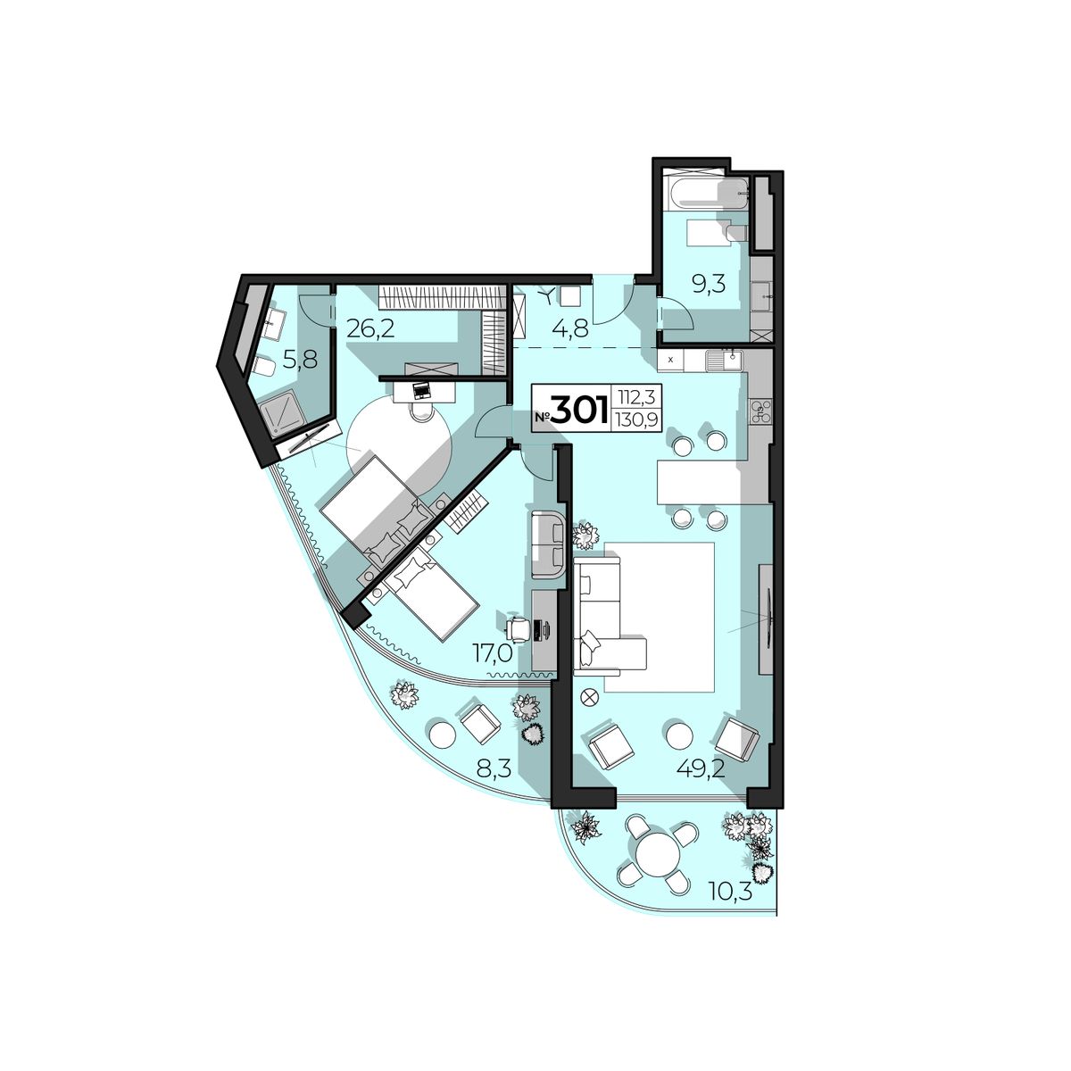 2-к, 130.9 м² · SkyPlaza