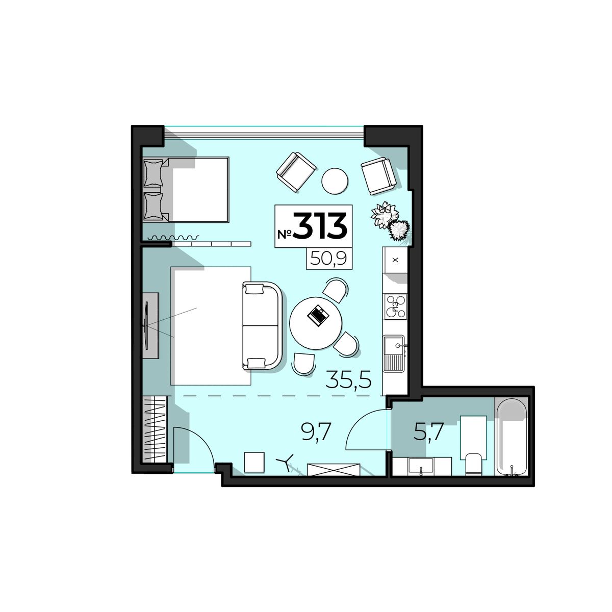2-к, 50.9 м² · SkyPlaza