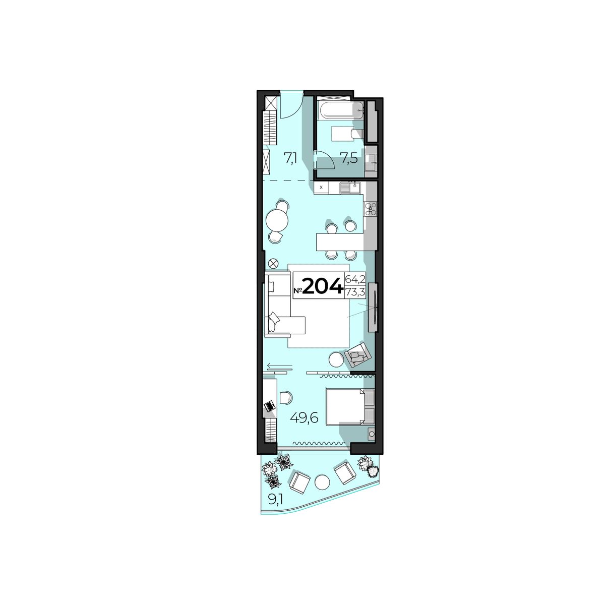 Студия, 73.3 м² · SkyPlaza