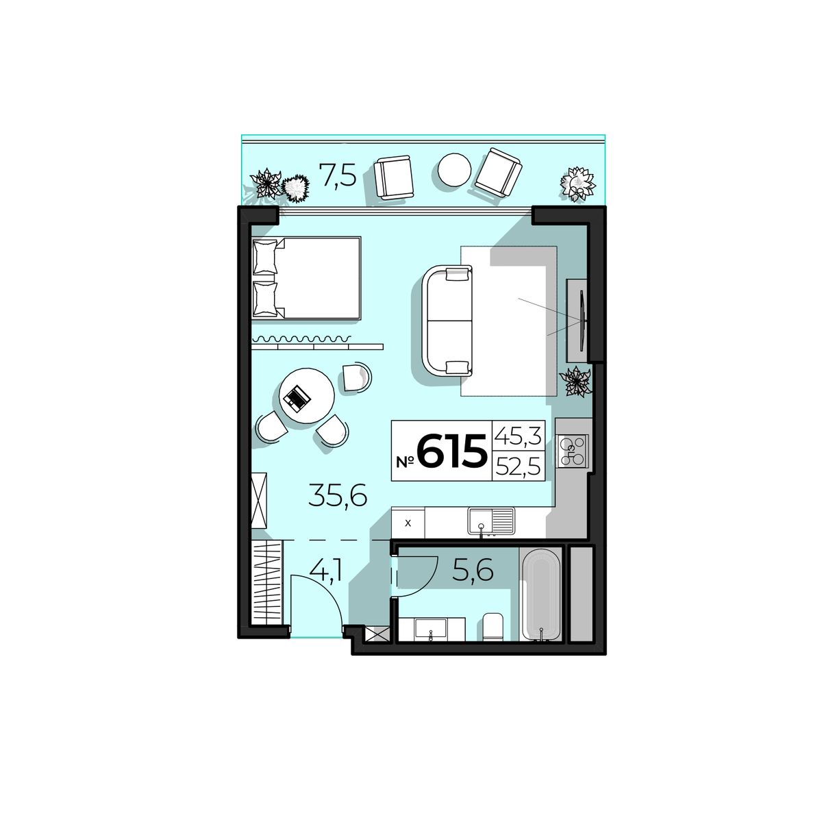 2-к, 52.5 м² · SkyPlaza