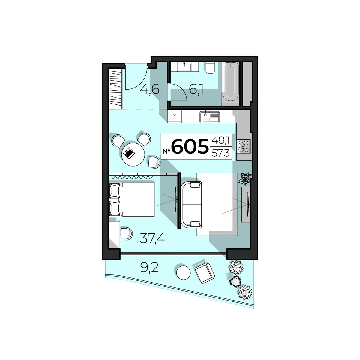 2-к, 57.3 м² · SkyPlaza