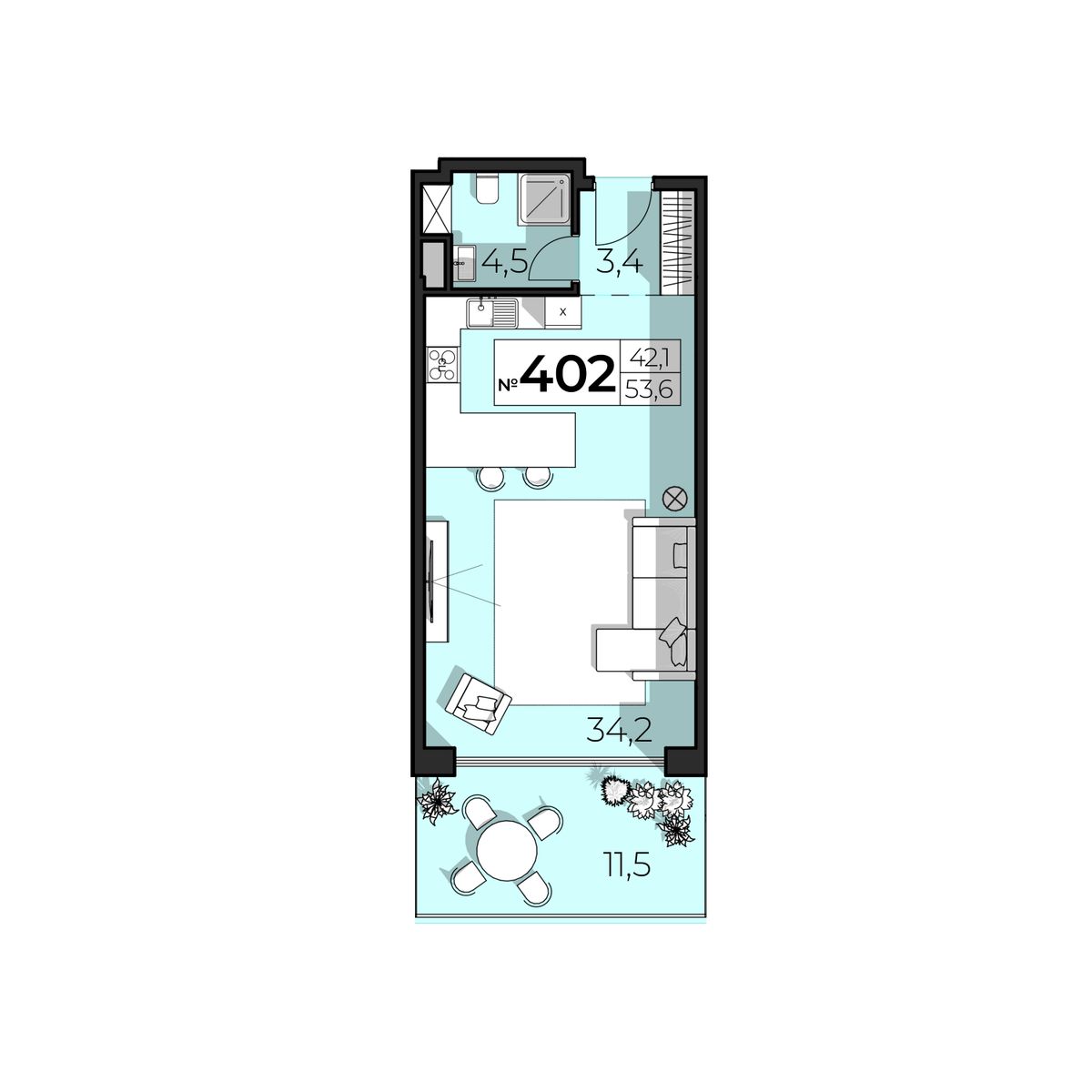 2-к, 53.6 м² · SkyPlaza