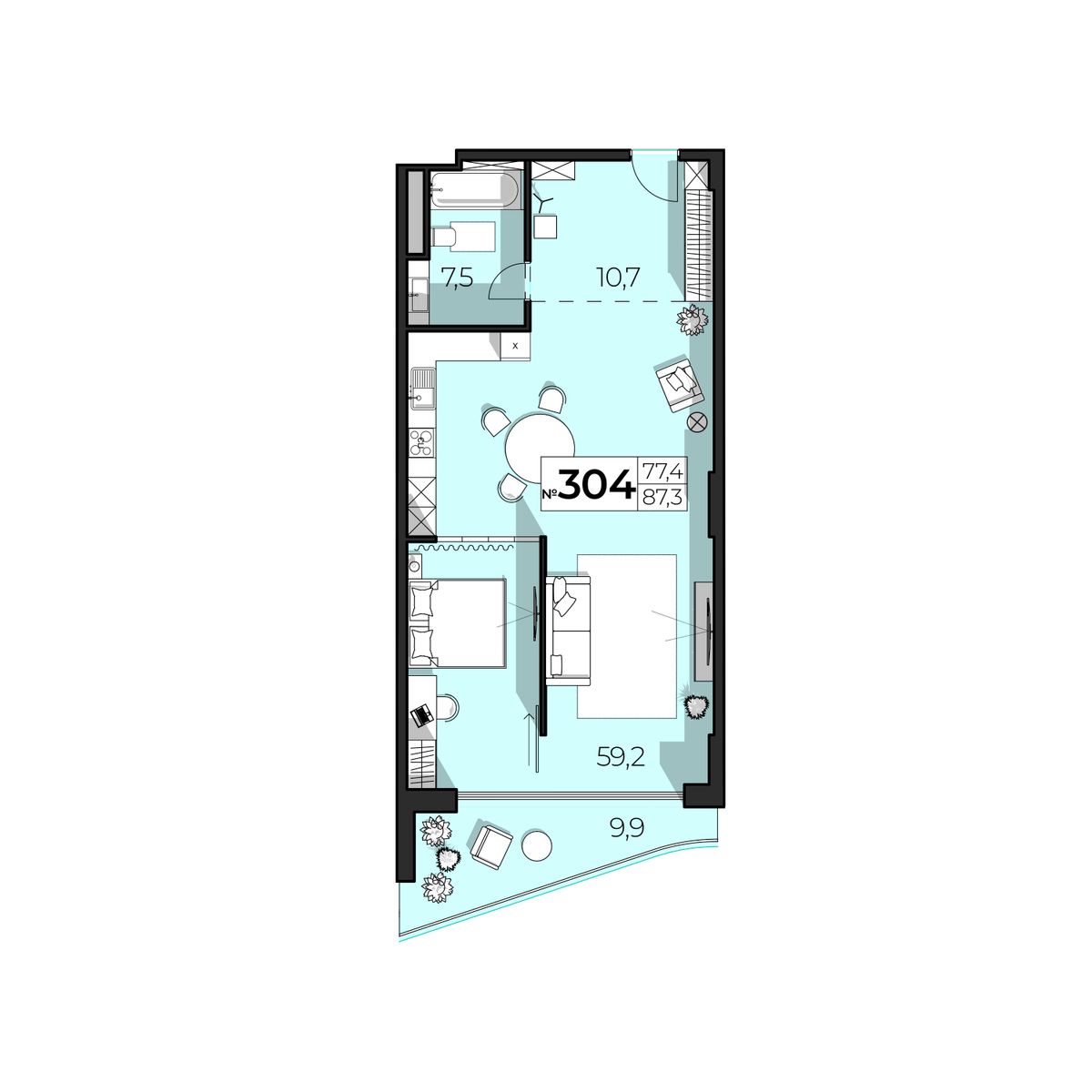 2-к, 87.3 м² · SkyPlaza