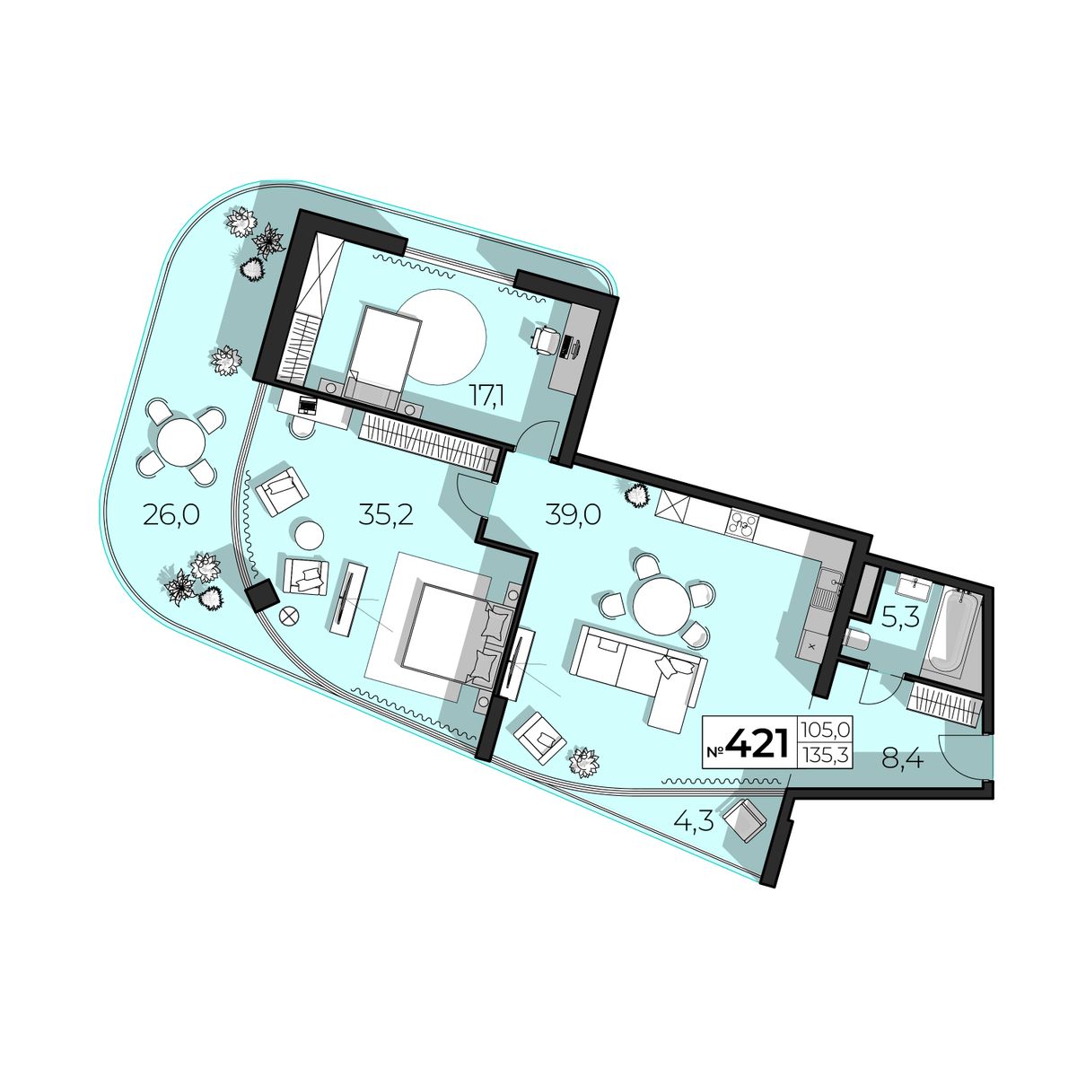 2-к, 135.3 м² · SkyPlaza