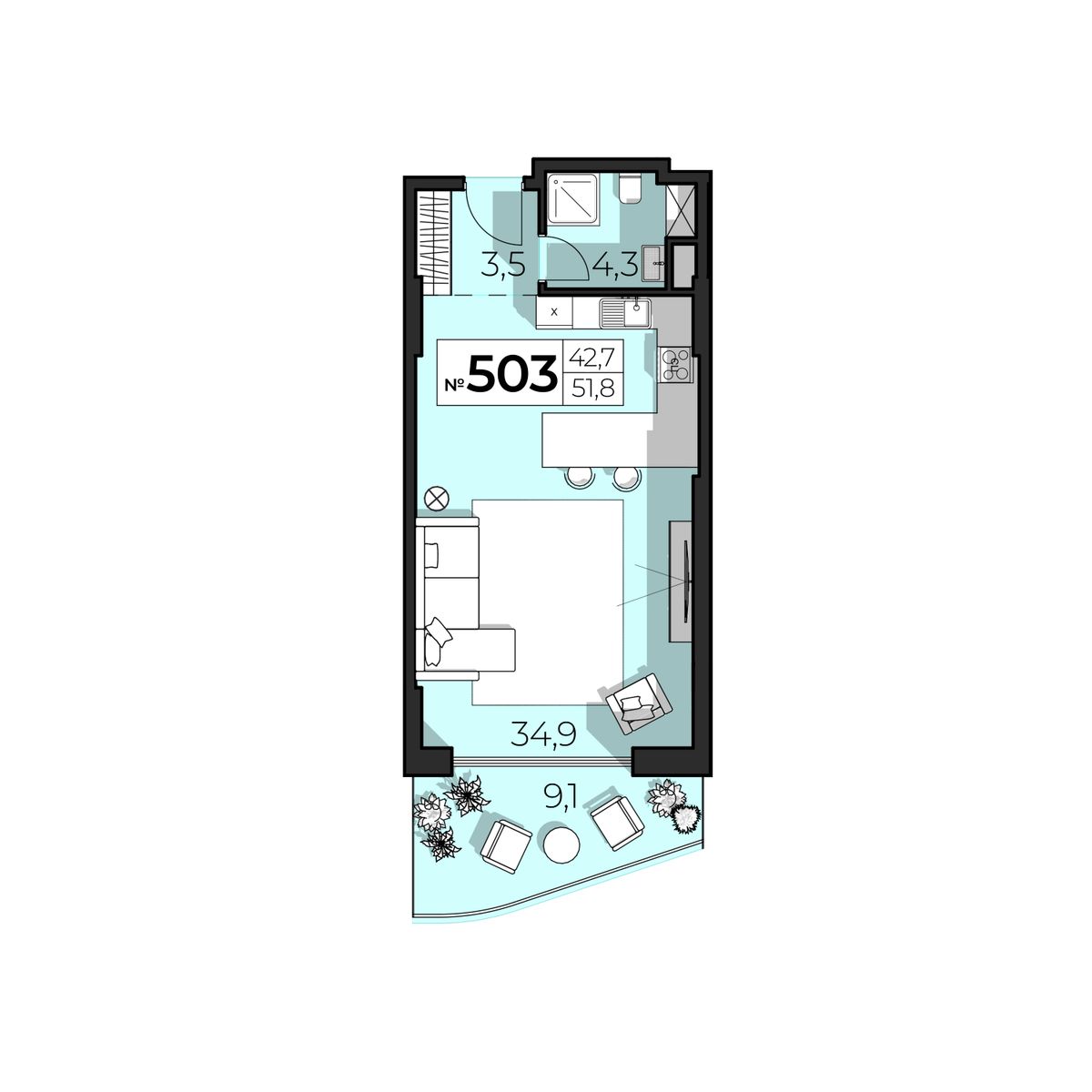 2-к, 51.8 м² · SkyPlaza