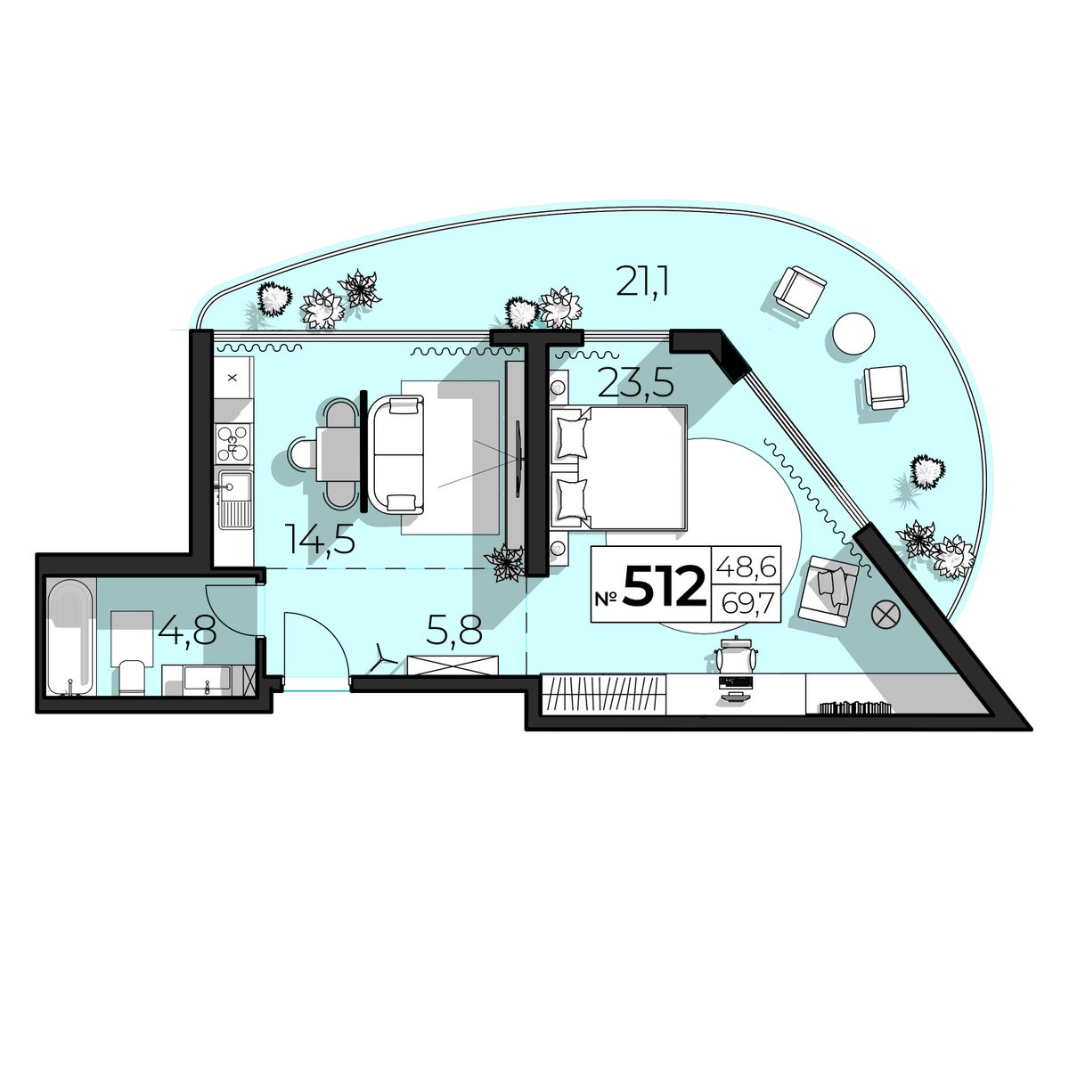 2-к, 69.7 м² · SkyPlaza