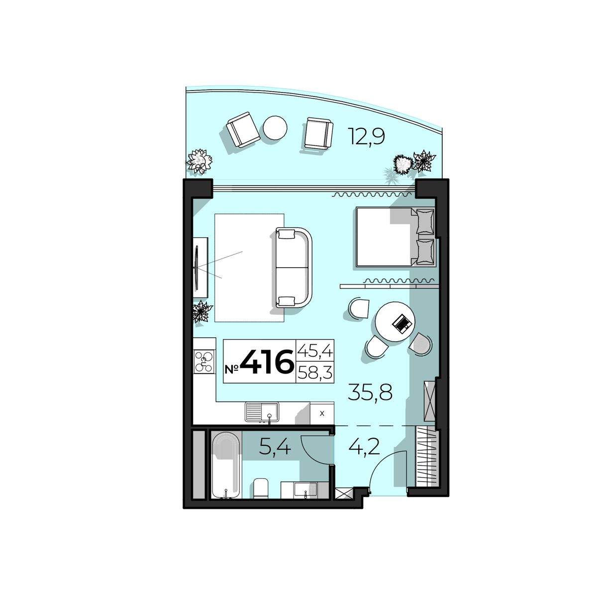 2-к, 58.3 м² · SkyPlaza