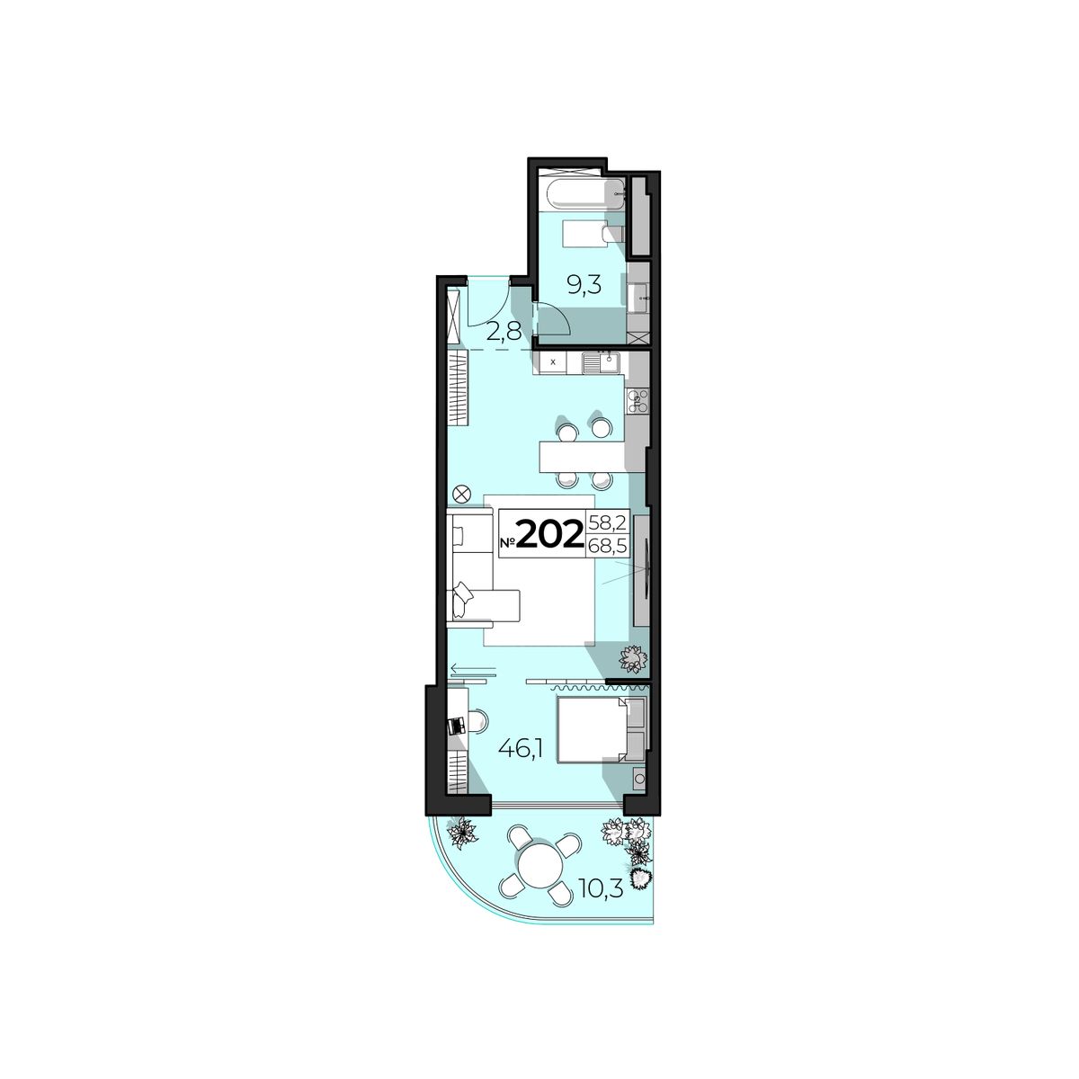 2-к, 68.5 м² · SkyPlaza
