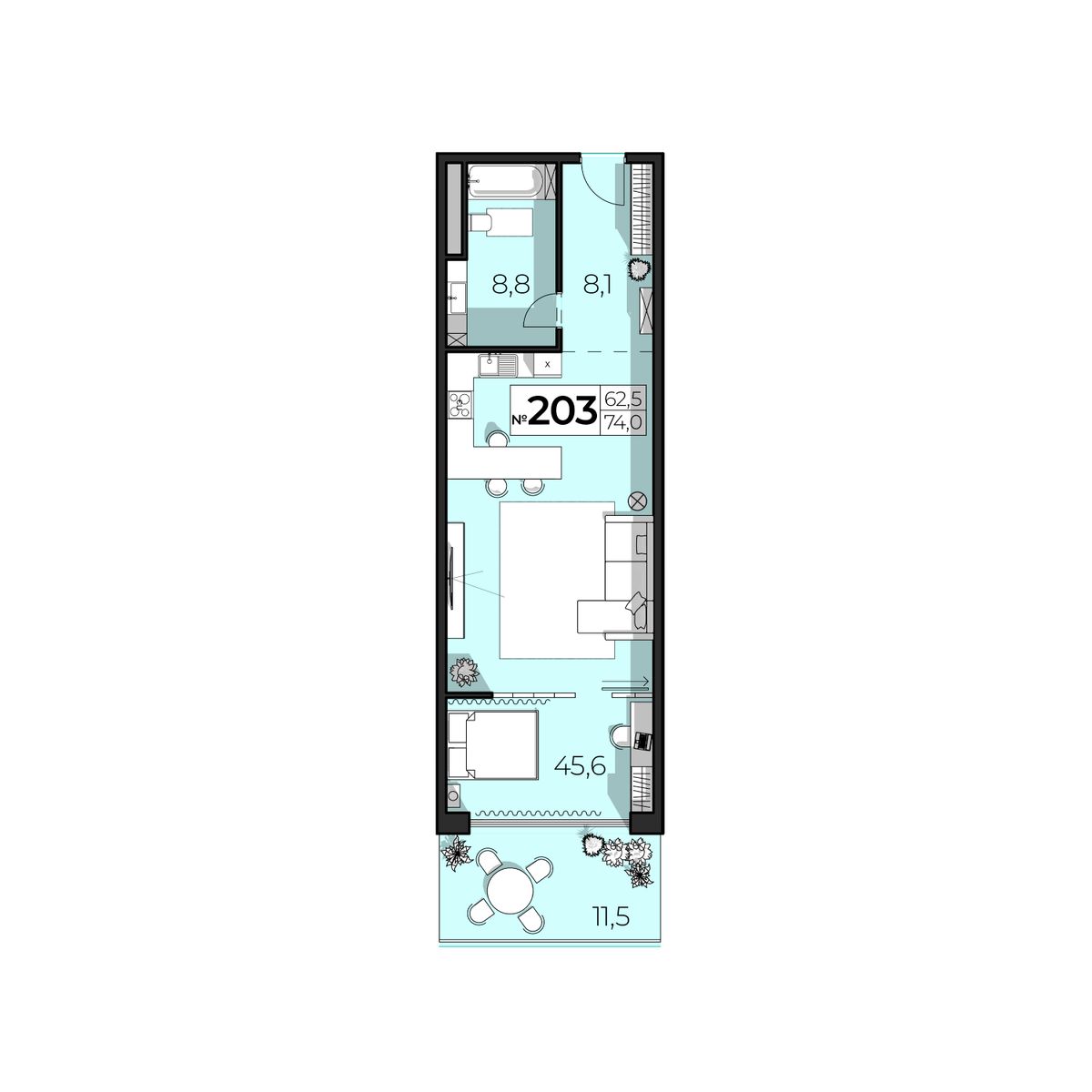 Студия, 74 м² · SkyPlaza
