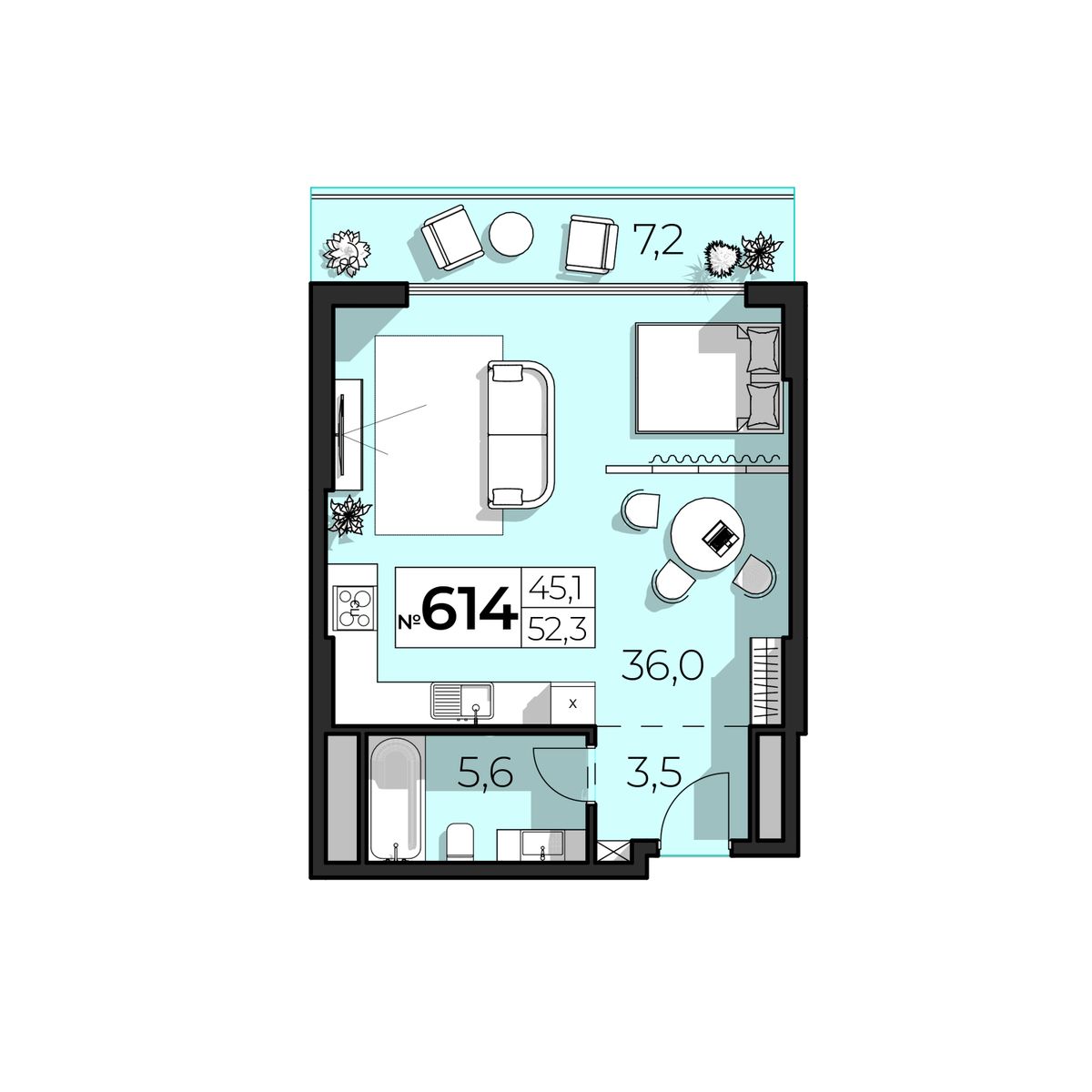 2-к, 52.3 м² · SkyPlaza