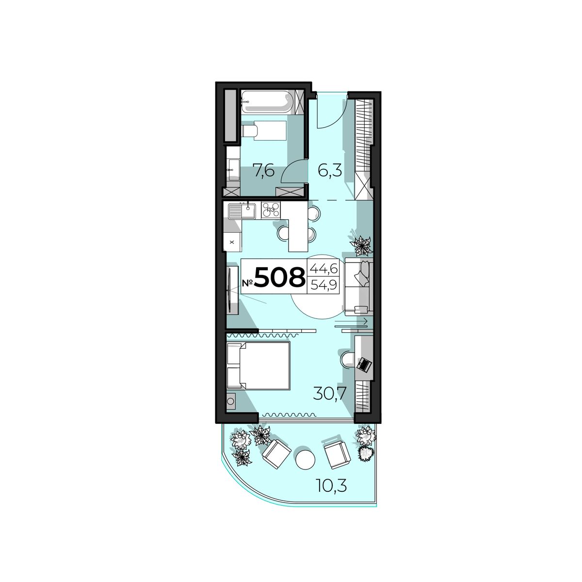 2-к, 54.9 м² · SkyPlaza