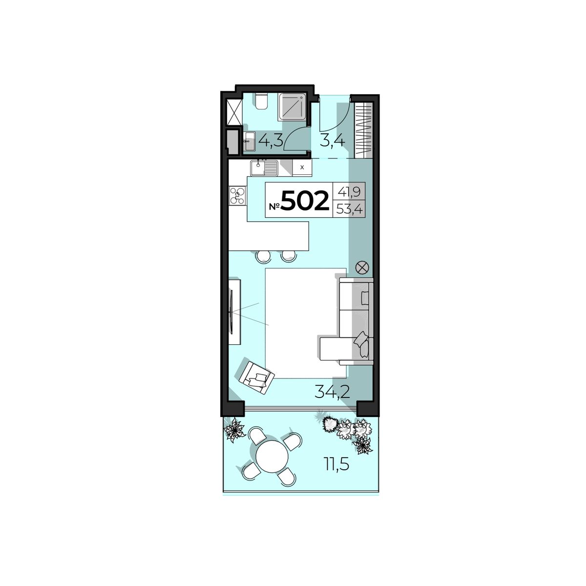 2-к, 53.4 м² · SkyPlaza