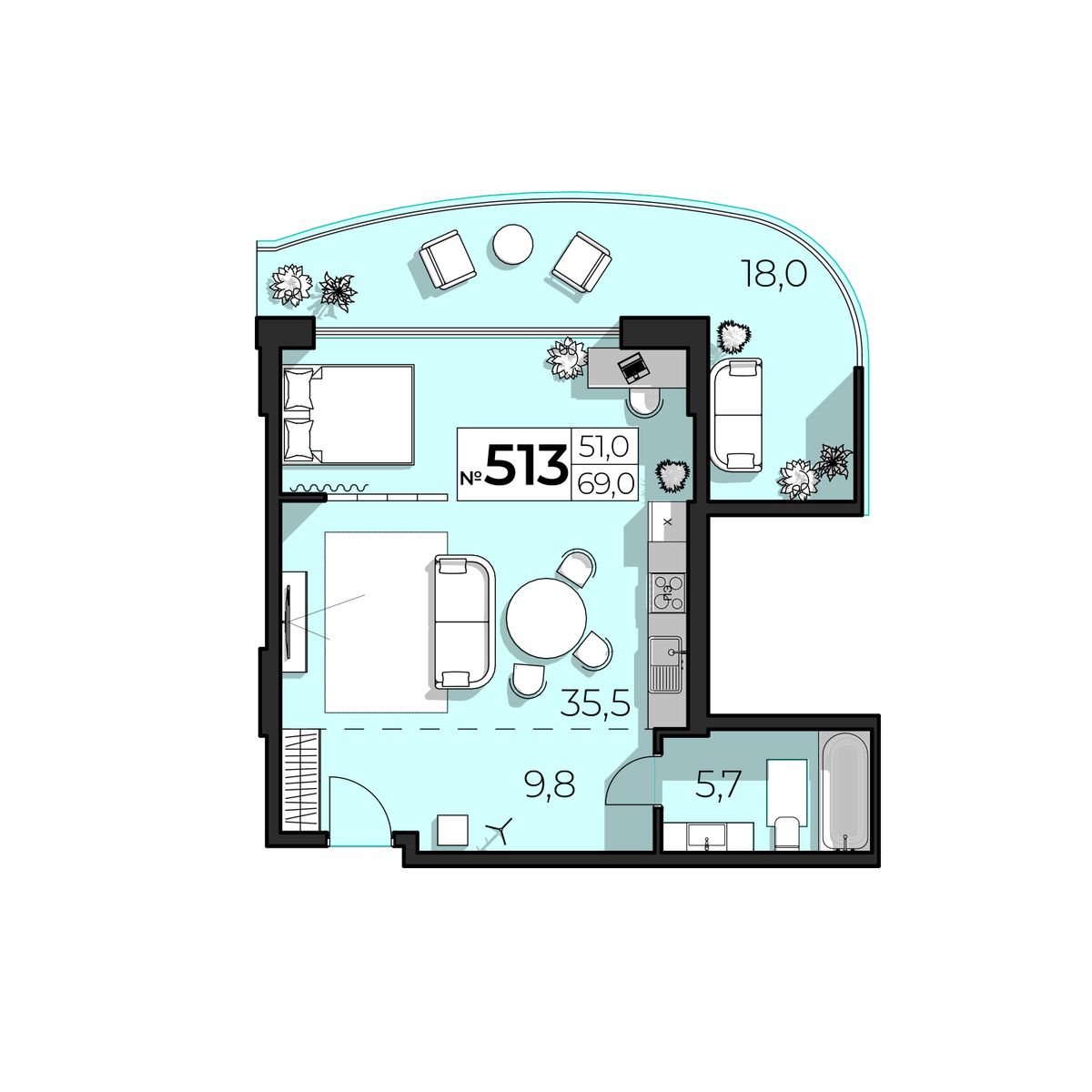 2-к, 69 м² · SkyPlaza