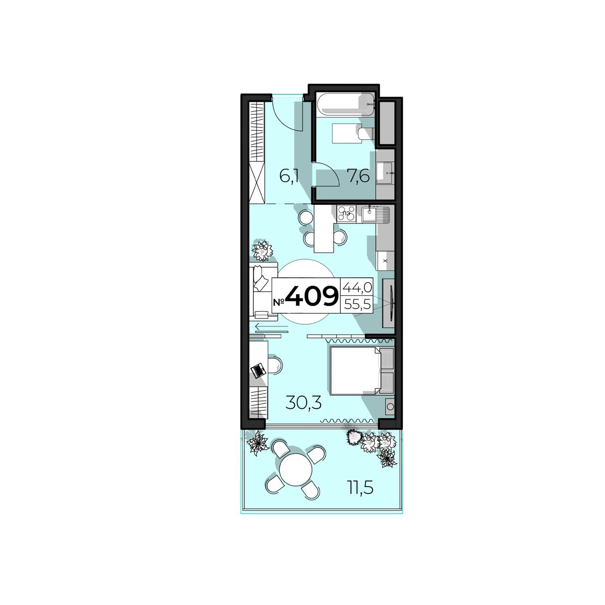 2-к, 55.5 м² · SkyPlaza