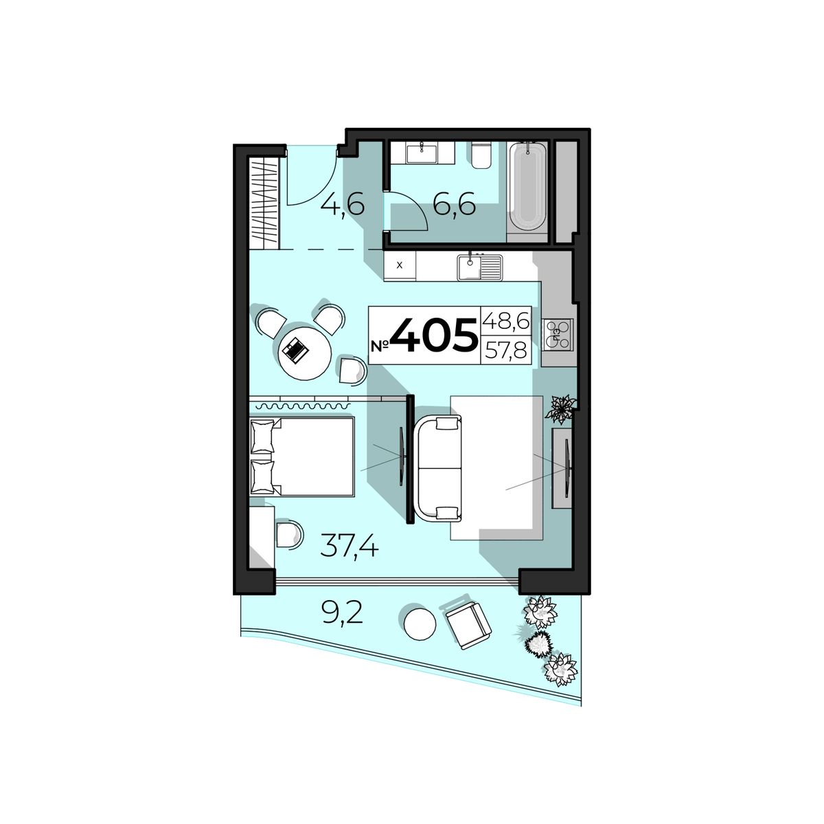 2-к, 57.8 м² · SkyPlaza