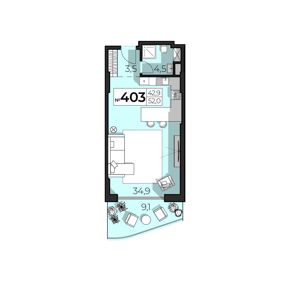 2-к, 52 м² · SkyPlaza