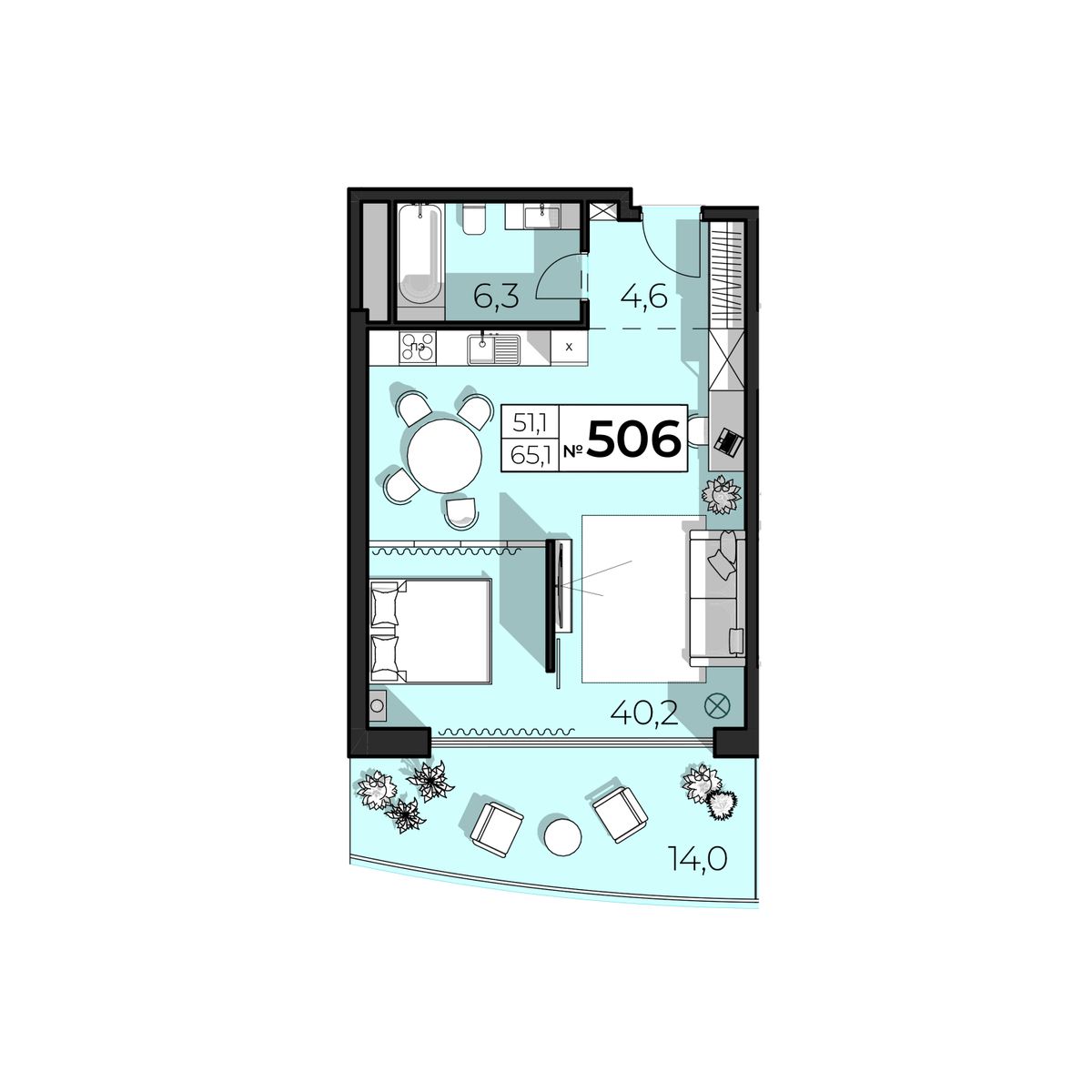 2-к, 65.1 м² · SkyPlaza