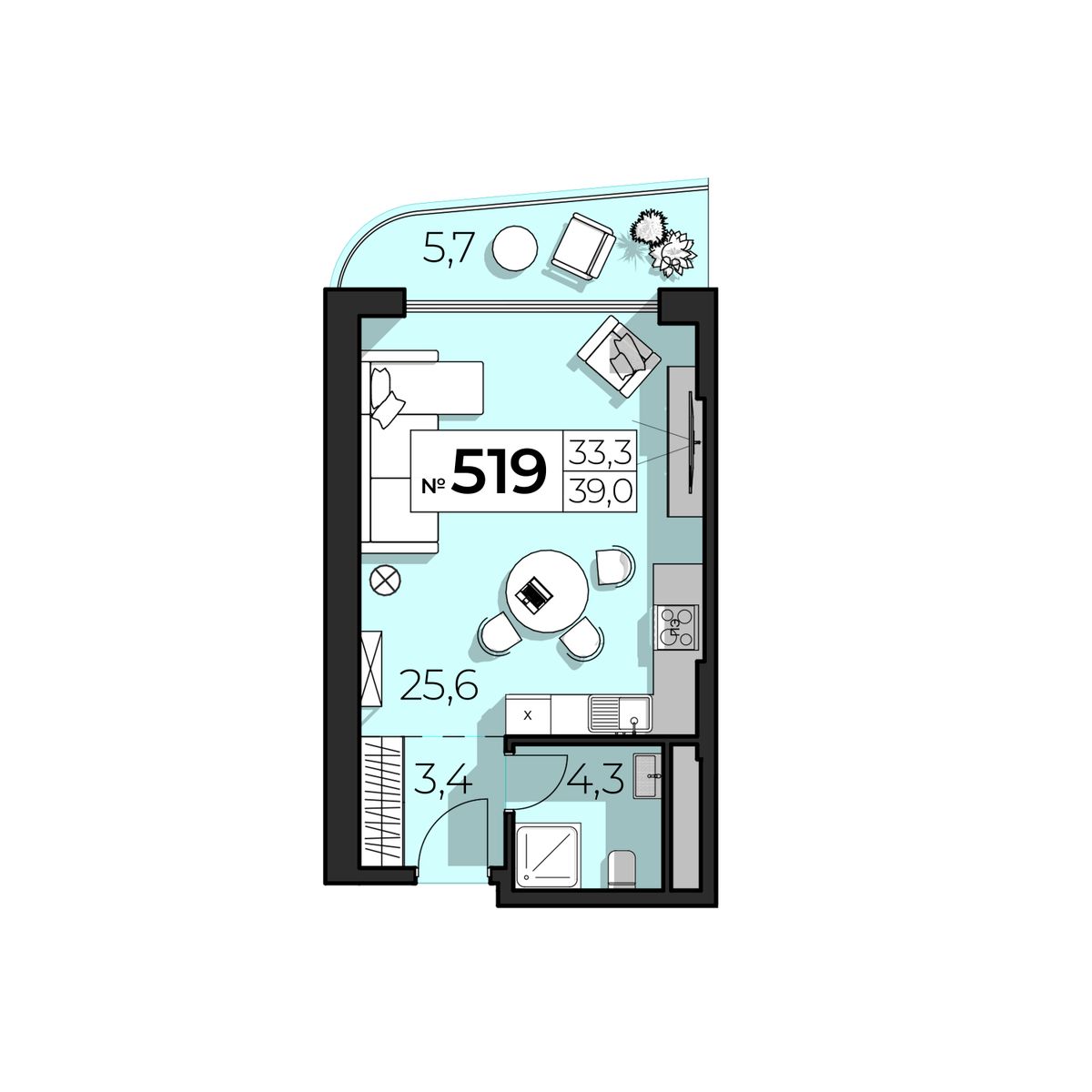 1-к, 39 м² · SkyPlaza