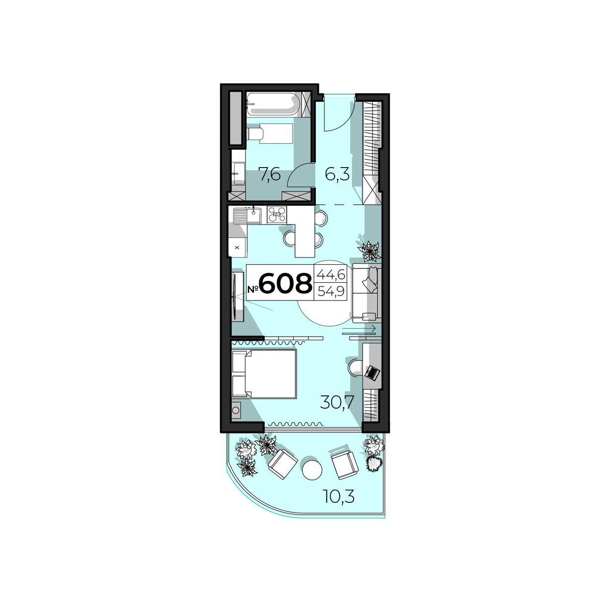 2-к, 54.9 м² · SkyPlaza
