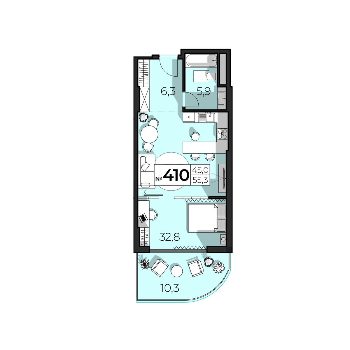 2-к, 55.3 м² · SkyPlaza