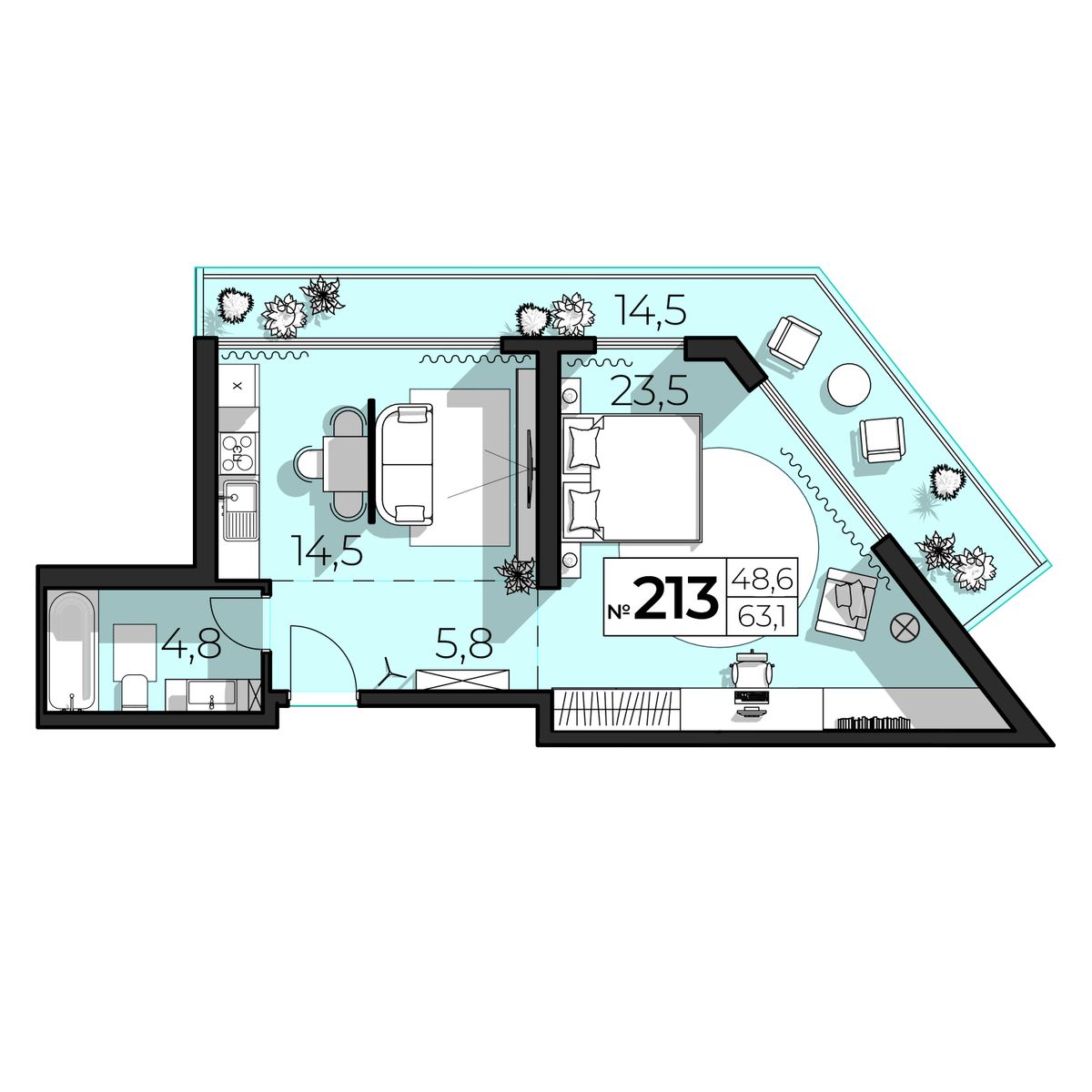 2-к, 63.1 м² · SkyPlaza