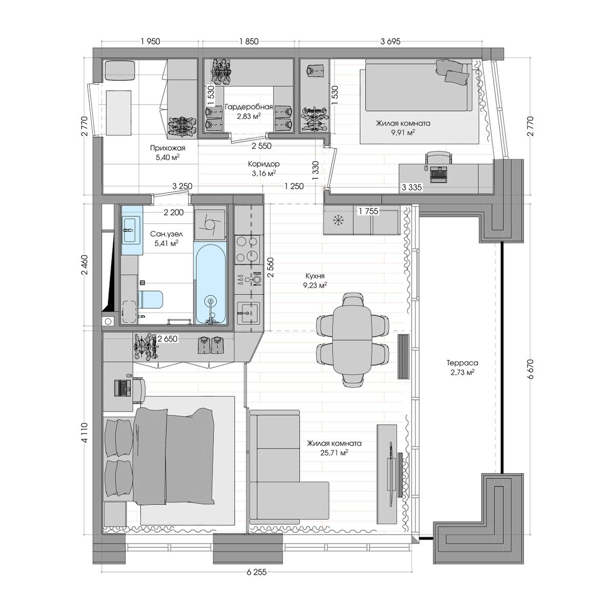 3-комнатная, 65.5 м², № 658 в R4 (Р4)