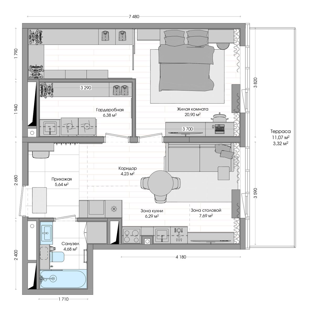 2-комнатная, 56.86 м², № 616 в R4 (Р4)