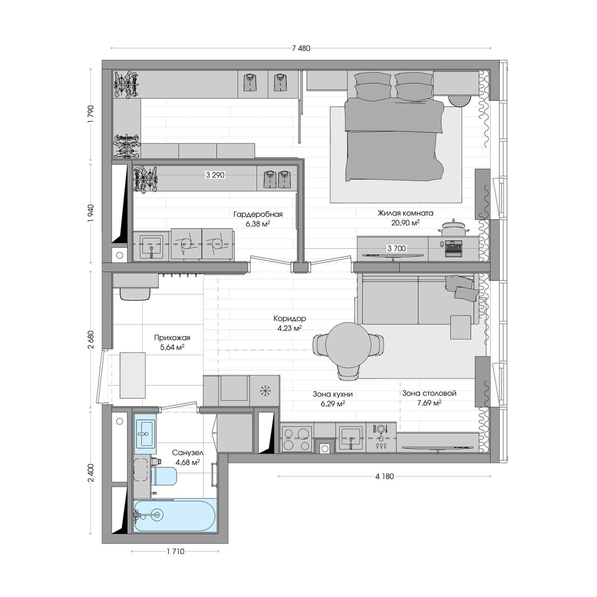 2-комнатная, 56.86 м², № 636 в R4 (Р4)