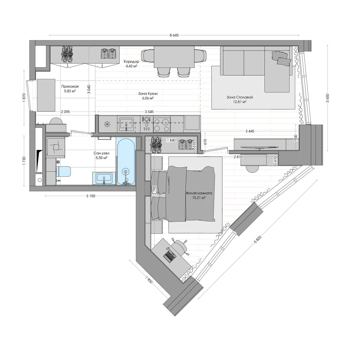 2-комнатная, 55.23 м², № 461 в R4 (Р4)