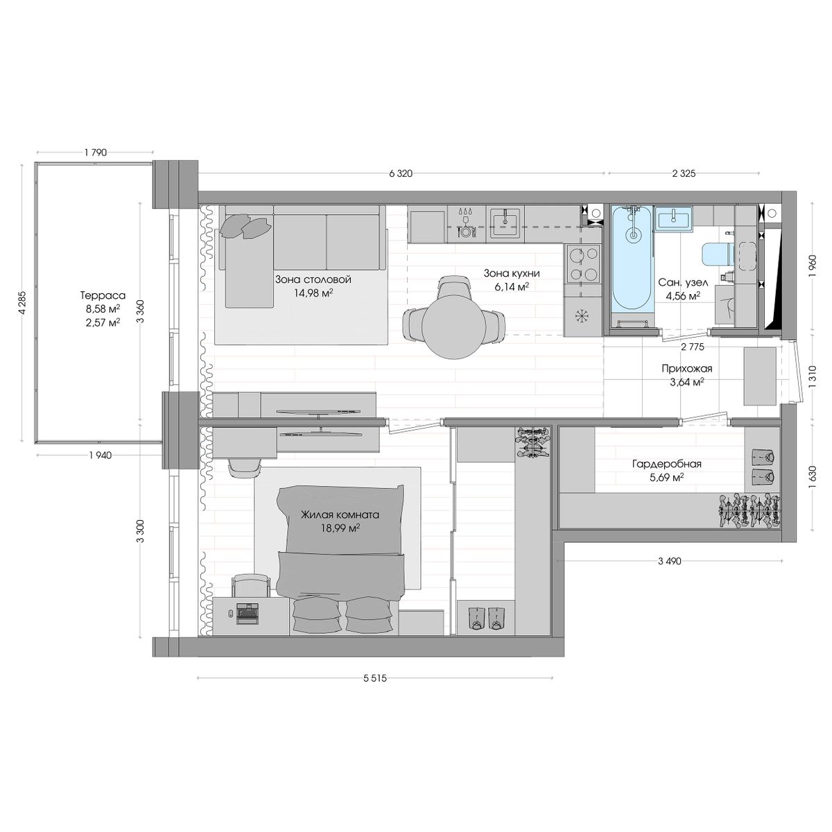 2-комнатная, 58.44 м², № 1 в R4 (Р4)
