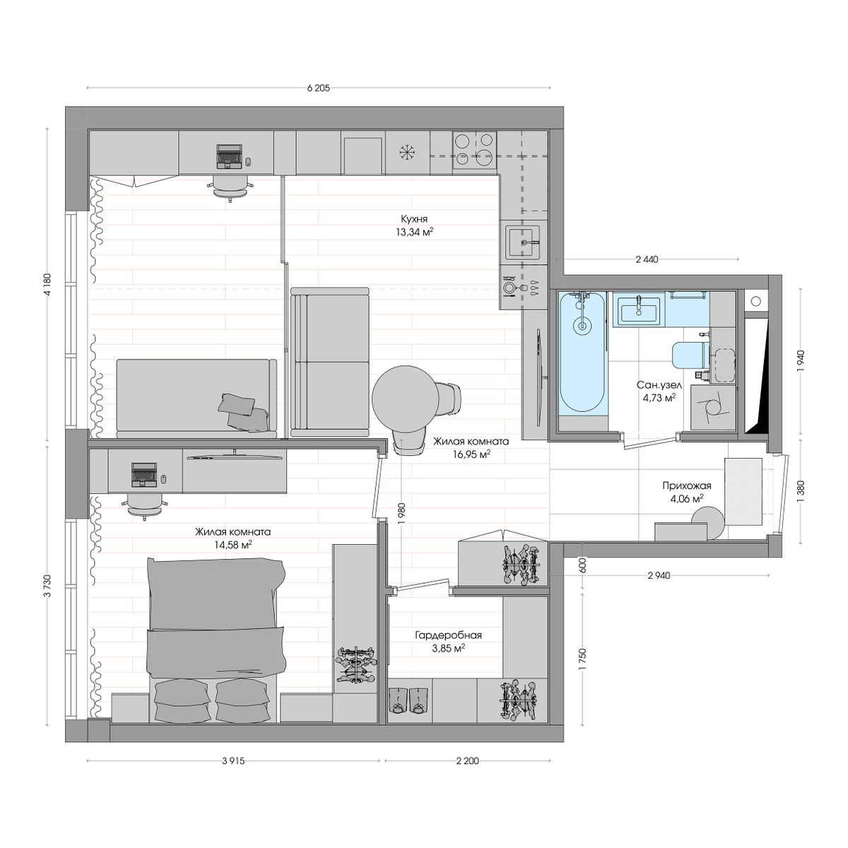 2-комнатная, 59.43 м², № 185 в R4 (Р4)