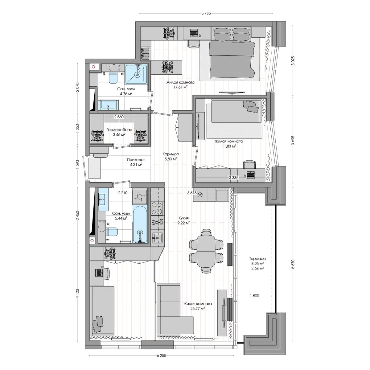 3-комнатная, 92.35 м², № 693 в R4 (Р4)
