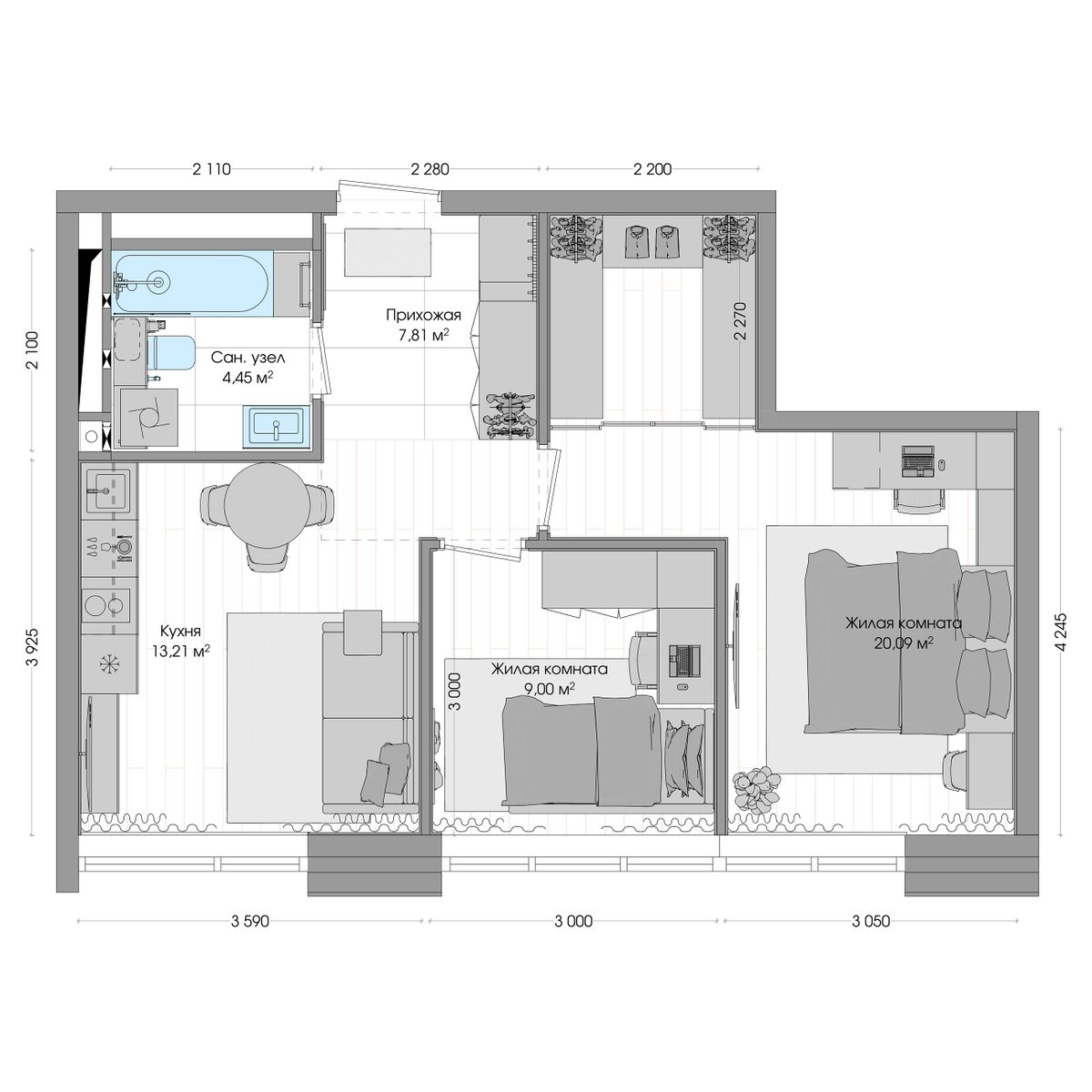 3-комнатная, 56.6 м², № 231 в R4 (Р4)