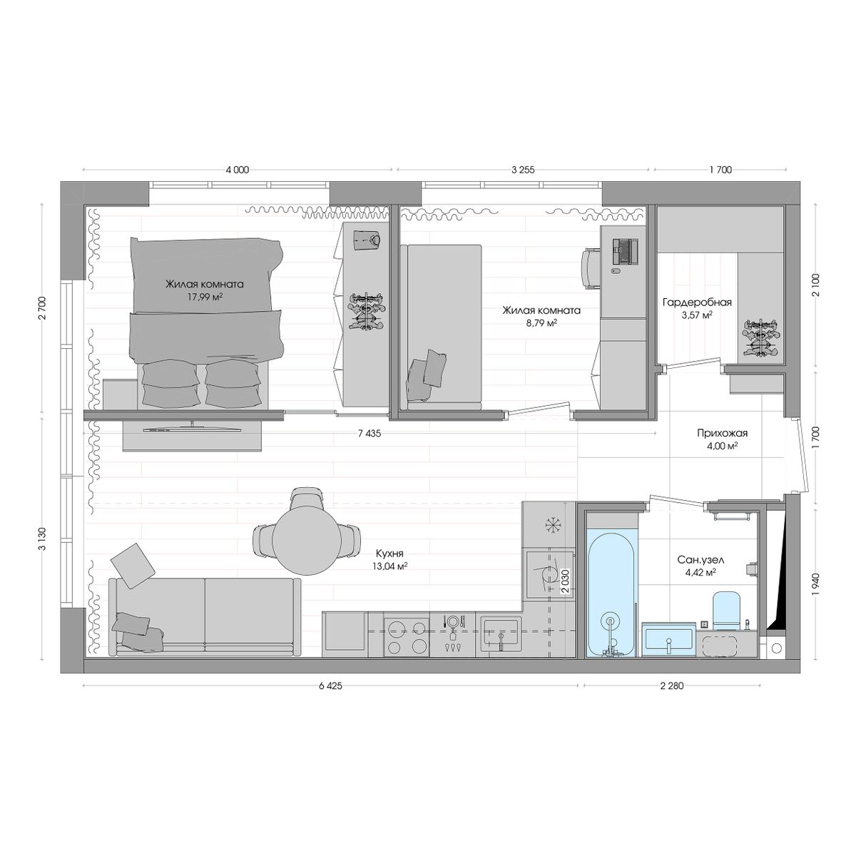 2-комнатная, 54.68 м², № 212 в R4 (Р4)