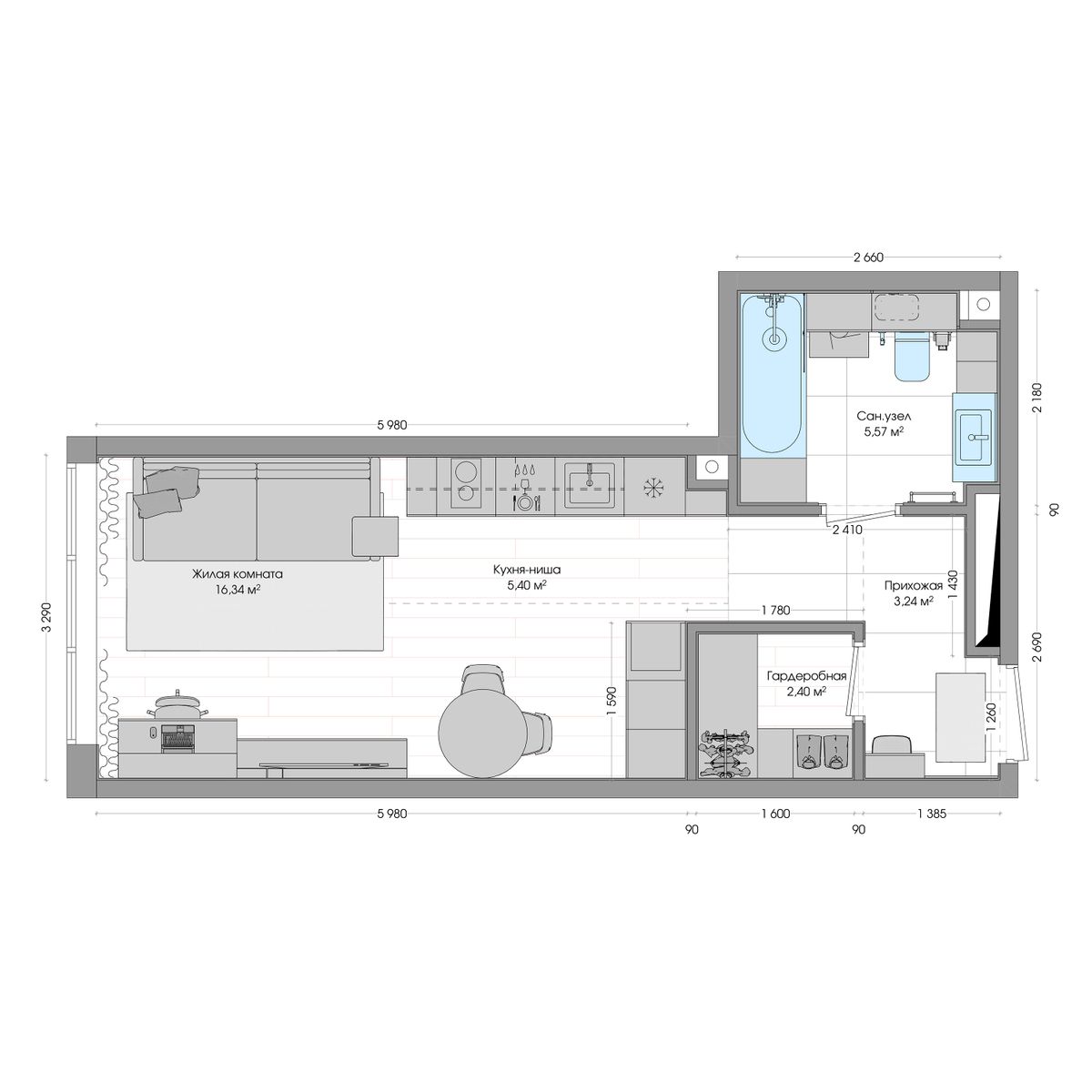 1-комнатная, 33.23 м², № 128 в R4 (Р4)