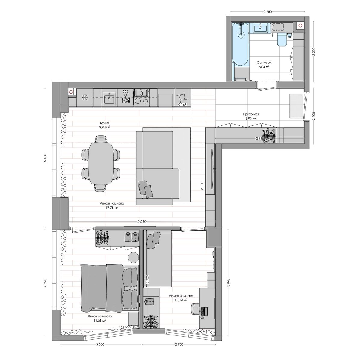 3-комнатная, 66.9 м², № 89 в R4 (Р4)