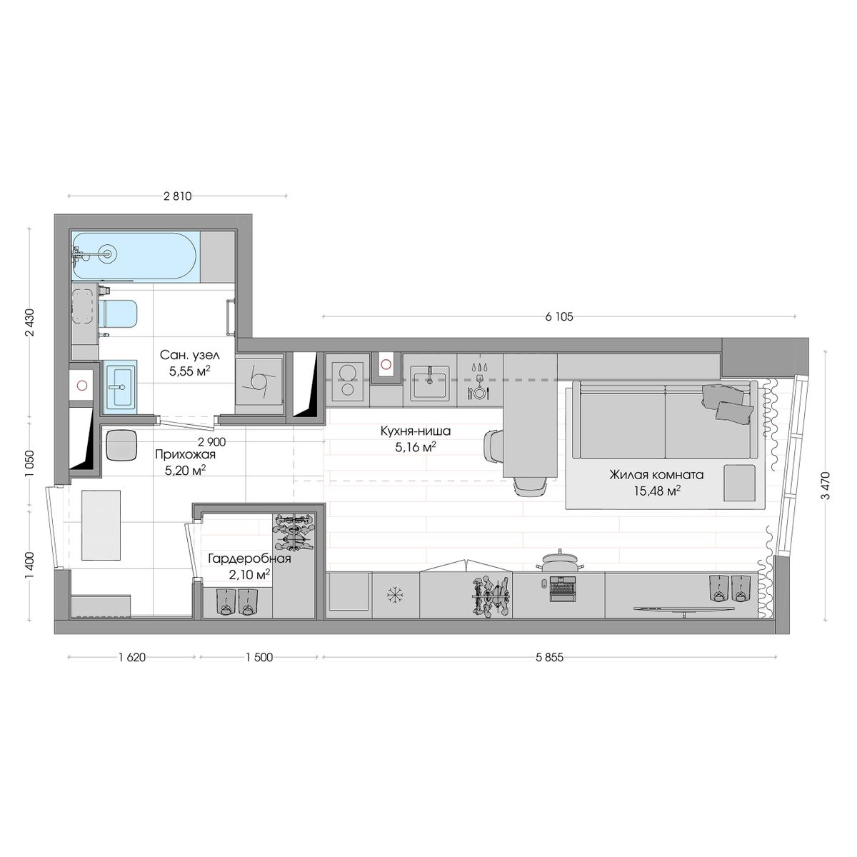 1-комнатная, 33.89 м², № 506 в R4 (Р4)
