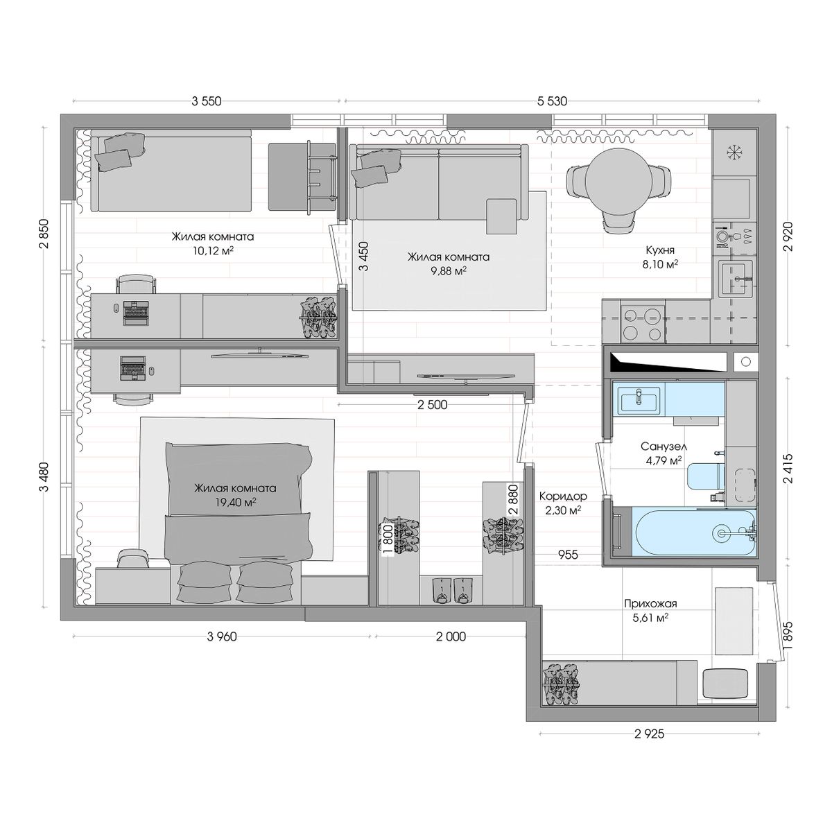 3-комнатная, 61.57 м², № 314 в R4 (Р4)