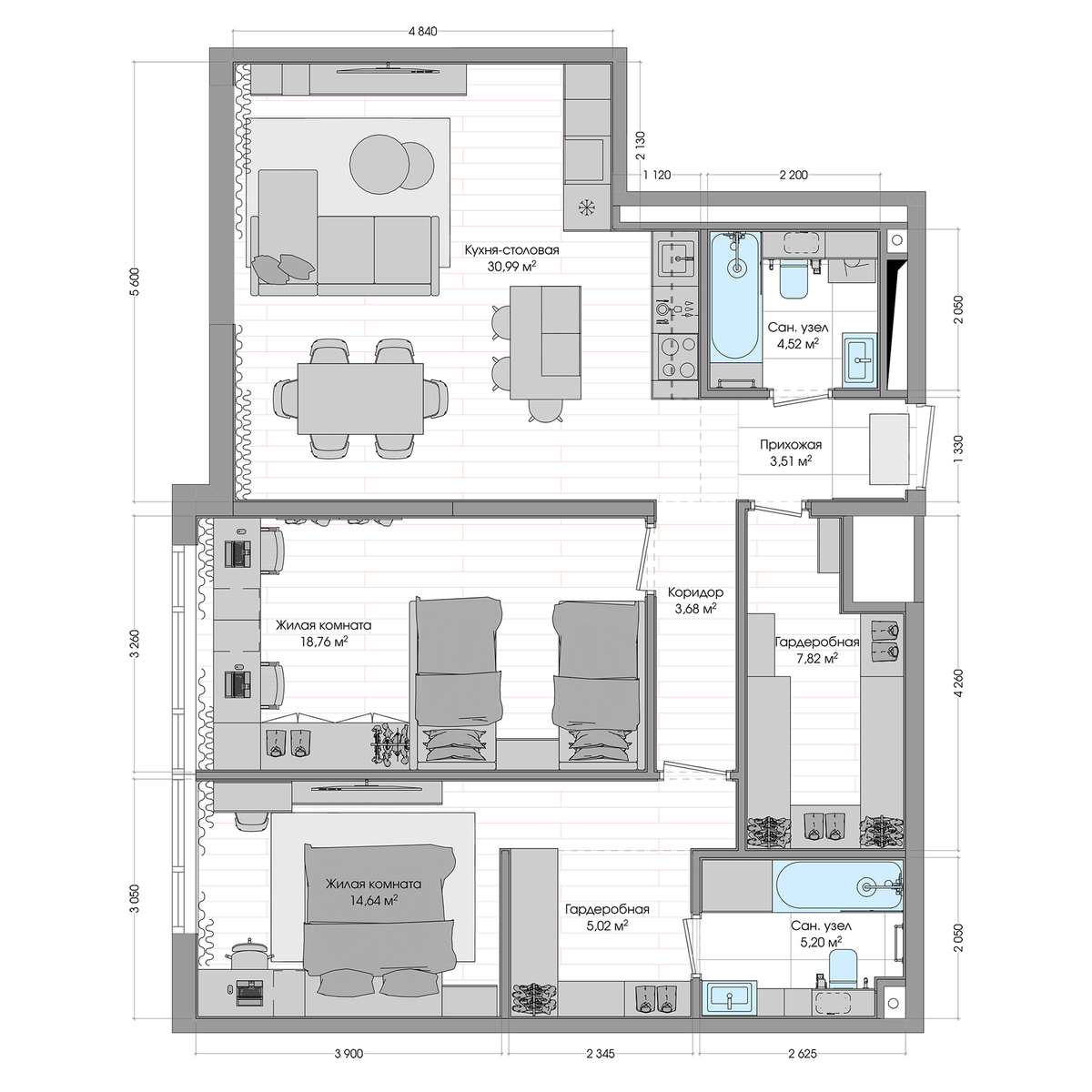 3-комнатная, 96.11 м², № 259 в R4 (Р4)