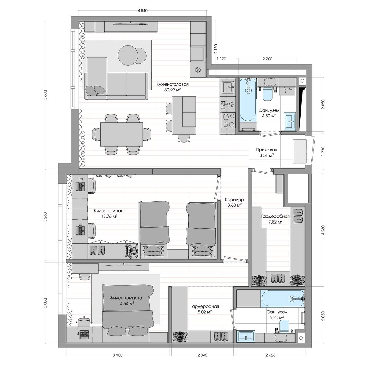3-комнатная, 96.1 м², № 253 в R4 (Р4)
